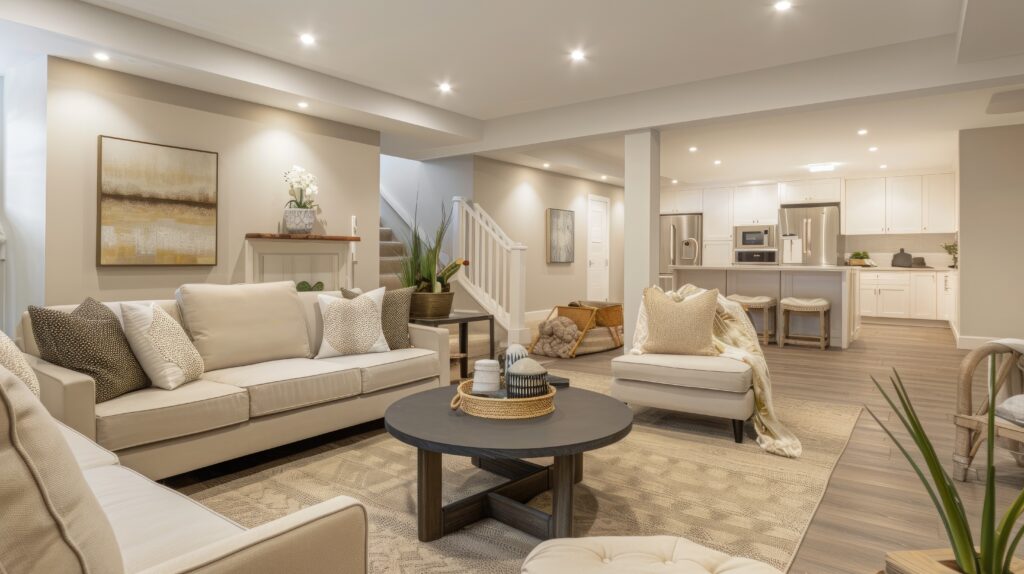Finished basement with open-concept living room, recessed lighting, neutral furniture, and white kitchen
