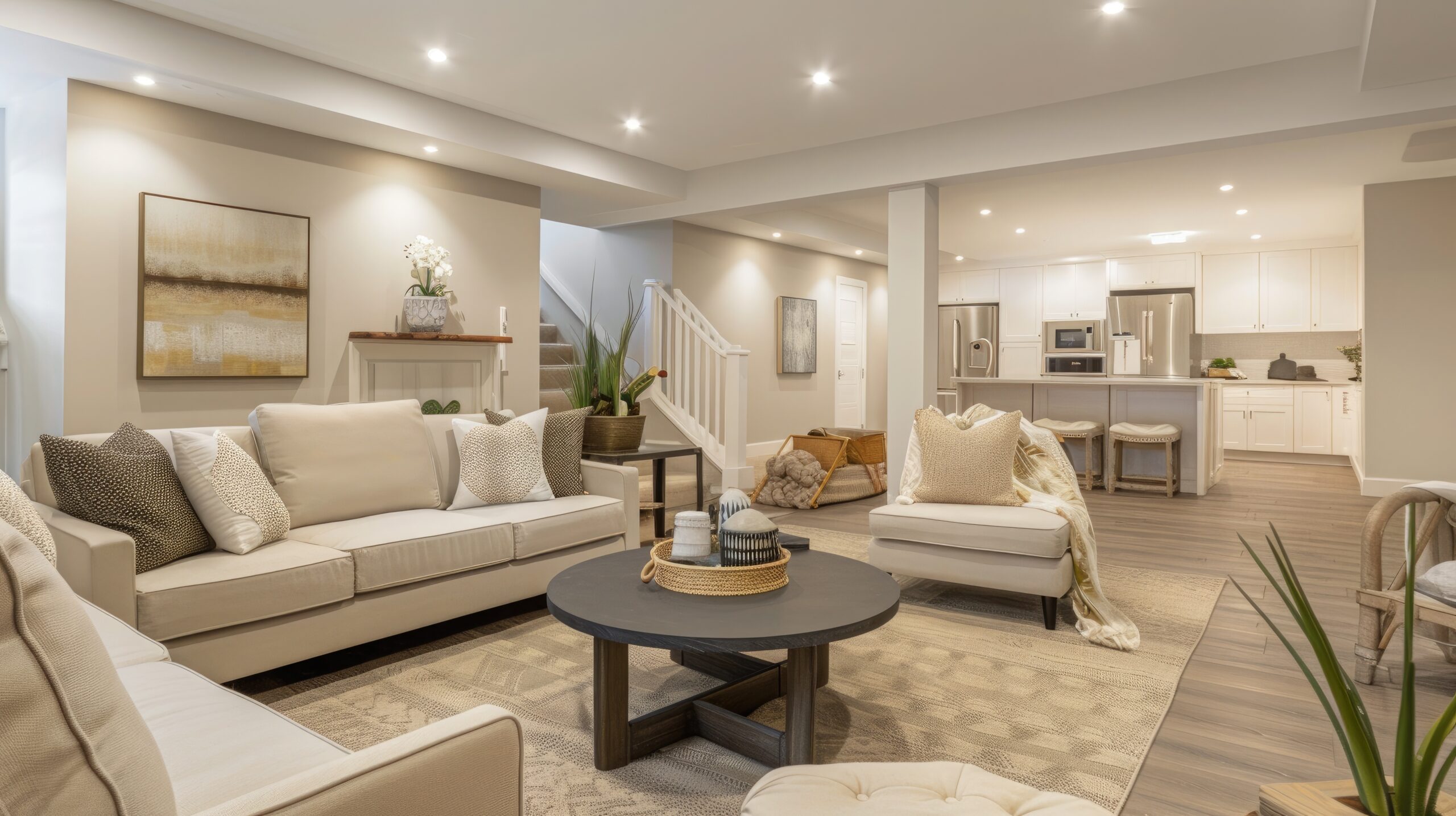 Finished basement with open-concept living room, recessed lighting, neutral furniture, and white kitchen