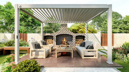 Backyard patio under a louvered pergola with an outdoor fireplace, wooden seating, and a coffee table.