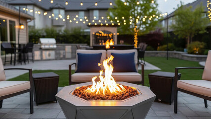 Backyard patio at dusk with a lit fire pit, outdoor seating, string lights, and an outdoor kitchen in the background.